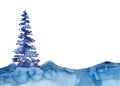 Watercolor style XMAS pine tree and snow isolated illustration of Christmas New Year. Wallpepr or banner. Blue color Royalty Free Stock Photo