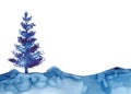 Watercolor style XMAS pine tree and snow isolated illustration of Christmas New Year. Wallpepr or banner. Blue color Royalty Free Stock Photo