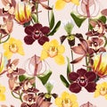 Watercolor style yellow, brown, bordo orchid flowers seamless pattern. Royalty Free Stock Photo