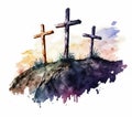 Three Crosses on a Hill Watercolor Style