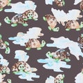Watercolor stylised turtles seamless pattern texture. Kids style