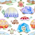 Watercolor stylised turtles seamless pattern texture. Kids style