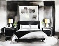 Watercolor of Stylish bedding and artwork in a chic and modern bedroom of a luxurious Royalty Free Stock Photo