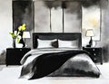 Watercolor of Stylish bedding and artwork in a chic and modern bedroom of a luxurious