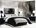 Watercolor of Stylish bedding and artwork in a chic and modern bedroom of a luxurious Royalty Free Stock Photo