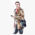 Watercolor stylish looking man with male handbag and smartphone at hand in autumn coat