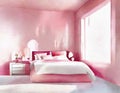 Watercolor of Stylish pink bedroom with trendy decor and Royalty Free Stock Photo