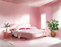 Watercolor of Stylish pink bedroom with trendy decor and Royalty Free Stock Photo