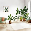 Watercolor of A stylish Scandinavian boho living room with carefully curated adorned with a vase of plants on a