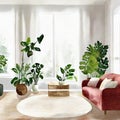 Watercolor of A stylish Scandinavian boho living room with carefully curated adorned with a vase of plants on a