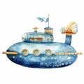 Watercolor Submarine Painting For Child\'s Birthday Card