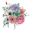 Watercolor succulent and hydrangea bouquet. Hand painted pink and violet flowers, cacti, anemone and ranunculus with