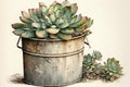 watercolor succulent plant in vintage galvanized bucket