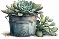 watercolor succulent plant in vintage galvanized bucket