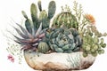 watercolor succulent planter with variety of plants, including cacti, nicknacks and greenery