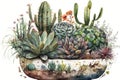 watercolor succulent planter with variety of plants, including cacti, nicknacks and greenery