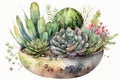 watercolor succulent planter with variety of plants, including cacti, nicknacks and greenery