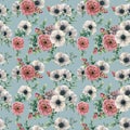 Watercolor succulent, ranunculus, anemone seamless pattern. Hand painted flowers, eucaliptus leaves, berries and