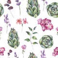 Watercolor succulent seamless pattern with pink flowers and lavender. Vintage natural botanical texture