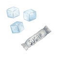 watercolor sugar set sugarcane clip art. hand drawn sugar cubes and sugar packet. collection illustration Royalty Free Stock Photo