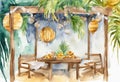 Watercolor Sukkah for celebrating Sukkot, Jewish religious holiday.