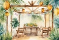 Watercolor Sukkah for celebrating Sukkot, Jewish religious holiday.