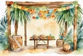 Watercolor Sukkah for celebrating Sukkot, Jewish religious holiday.