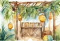 Watercolor Sukkah for celebrating Sukkot, Jewish religious holiday.