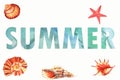 Watercolor summer background with fishes and shells with inscription summer Royalty Free Stock Photo