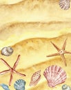 Watercolor summer beach background with hand painted seashells, starfish on sand texture. Marine illustration, top view Royalty Free Stock Photo