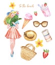 Watercolor summer beach essentials set, isolated. Straw hat, bag, sunglasses, palm leaves, cute girl in a summer dress