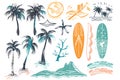 Watercolor Summer Beach Pattern Featuring Surfboards and Palm Trees Royalty Free Stock Photo