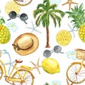 Watercolor summer beach seamless pattern. Pineapple, lemon, sunglasses, beach hat, bicycle, palm tree, starfish on white Royalty Free Stock Photo