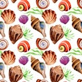 Watercolor summer beach seashell tropical elements pattern, underwater creatures.