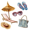 Watercolor summer beach set. Hand painted summer vacation objects: sunglasses, beach umbrella, beach chair, straw hat