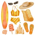 Watercolor summer beach vacation set. Hand drawn swimsuit, surfboard, sun hat, flip flops, ice cream, beach towel, sand