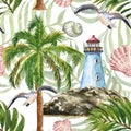 Watercolor summer beach vibes print. Nautical seamless patter with lighthouse, island, palm tree, seagull, tropical leaf on white Royalty Free Stock Photo