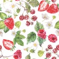 Watercolor summer berries seamless pattern. Fruits strawberries, raspberry texture on white