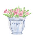 Watercolor summer bouquet of pink wildflowers in a light blue porcelain vase