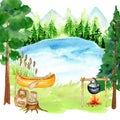 Watercolor Summer camping landscape, lake, campfire, boat, fishing rod, forest, mountains. Sport camp adventures in