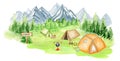 Watercolor Summer camping landscape with tent, campfire, forest, mountains. Sport camp adventures in nature, hiking