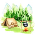 Watercolor Summer camping landscape with tent, campfire, forest, mountains. Sport camp adventures in nature, hiking