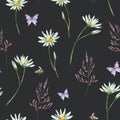 Watercolor summer chamomile meadow flowers seamless pattern