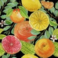 Watercolor summer citrus seamless pattern on black background Royalty Free Stock Photo