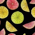 Watercolor summer citrus seamless pattern isolated on black background Royalty Free Stock Photo