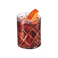 Watercolor summer cocktail Negroni. Hand-drawn illustration isolated on white background. Perfect for recipe lists with