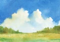 Watercolor summer coiuntryside landscape with cumulus clouds and field, distant trees