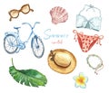 Watercolor summer essentials set. Women bikini, swimwear, sunglasses, bicycle, accessories, tropical plant leaf, hat Royalty Free Stock Photo