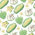 Watercolor summer exotic fruit pattern tropical fruits. Hand painted exotic coctails on white background. Cherinmoya, Star fruit, Royalty Free Stock Photo