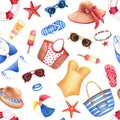 Watercolor summer fashion seamless pattern with woman beach accessories. Sunglasses, hats, bags, swimsuits, ball, lifebuoy, ice Royalty Free Stock Photo